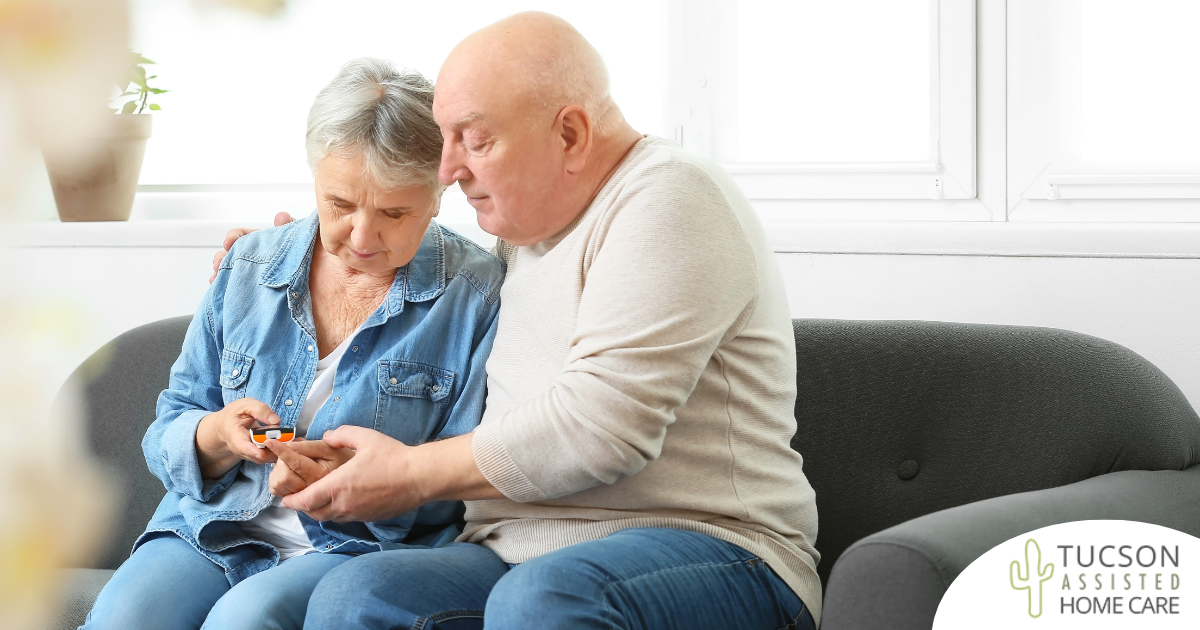 Chronic conditions like diabetes can be easier to manage when supported by others, as shown by this husband who is lovingly helping his wife take her blood sugar.