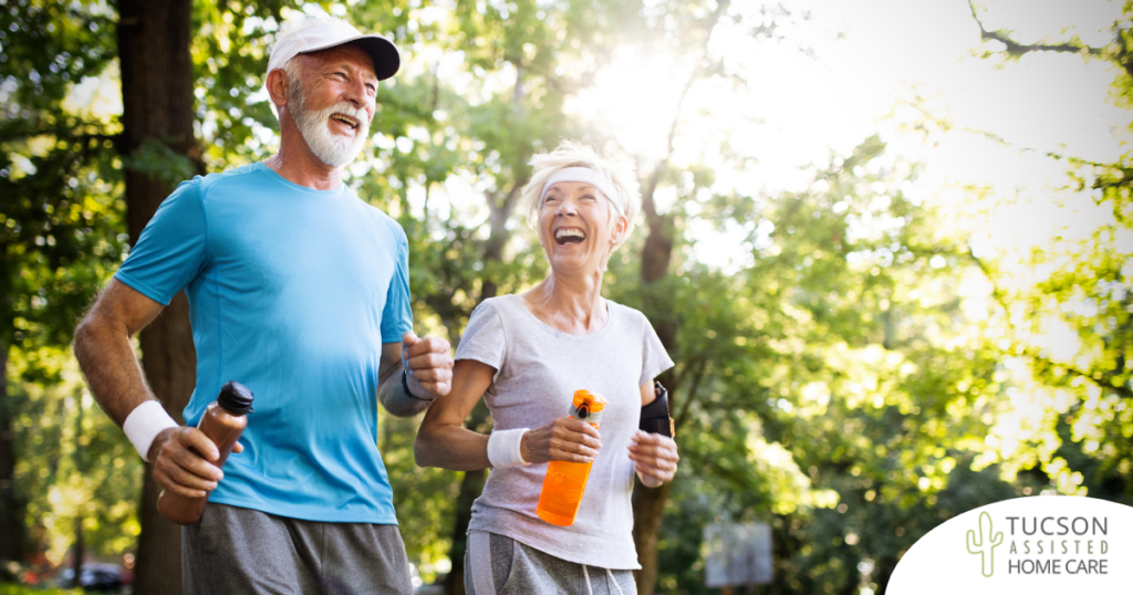 A senior couple enjoys walking outdoors, one of many activities for seniors that can help them stay healthy.