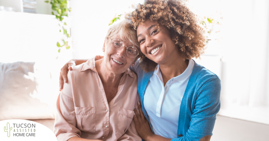 A caregiver enjoys professional caregiving as she helps a senior client.